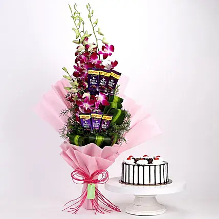 Purple Orchids Posy & Black Forest Cak