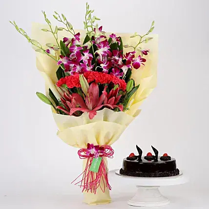 Pink & Purple Flowers & Truffle Cake Combo