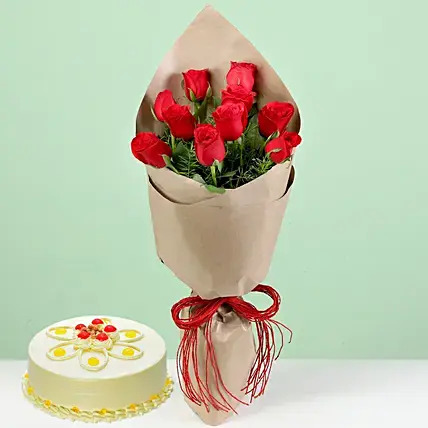 Bouquet Of Red Roses & Butterscotch Cake