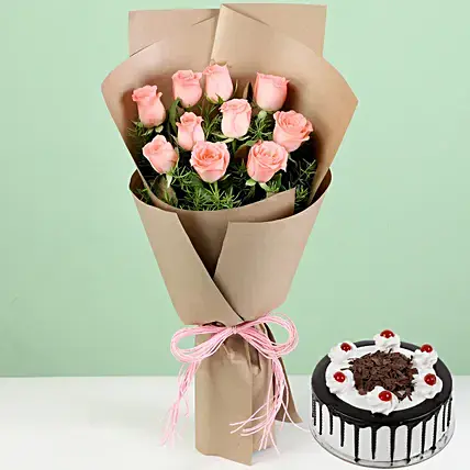10 Pink Roses With Black Forest Cake