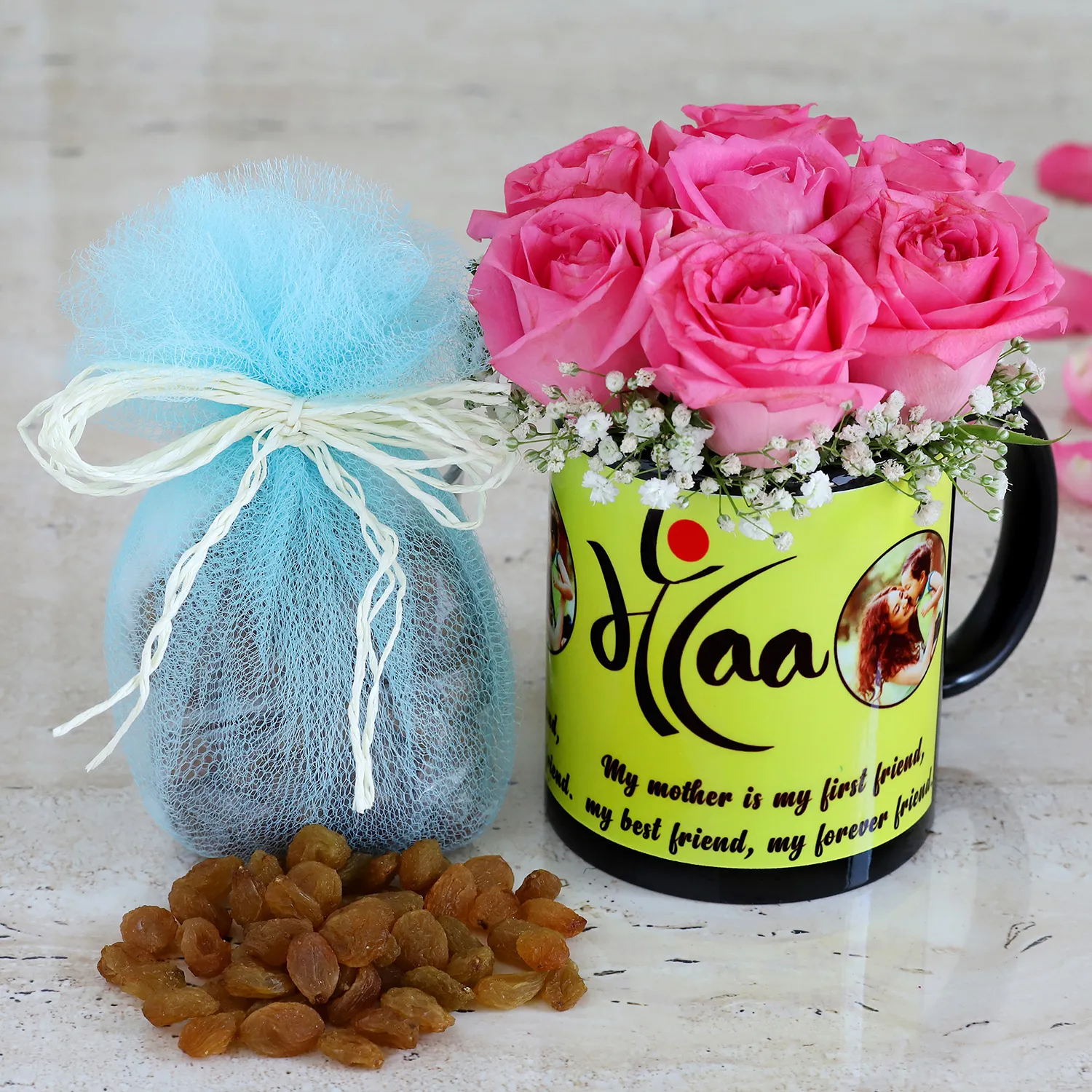 Charming Roses In Mug & Raisins For Maa Charming Roses In Mug & Raisins For Maa