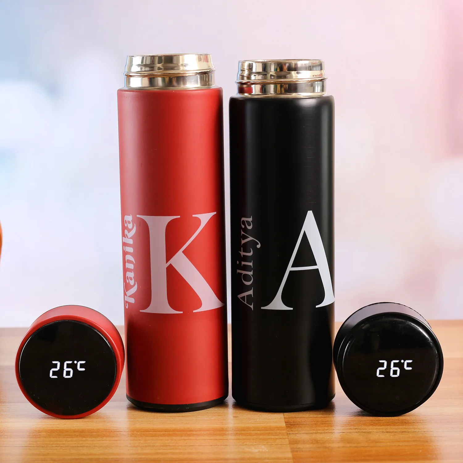 Personalised Red & Black LED Temperature Bottles