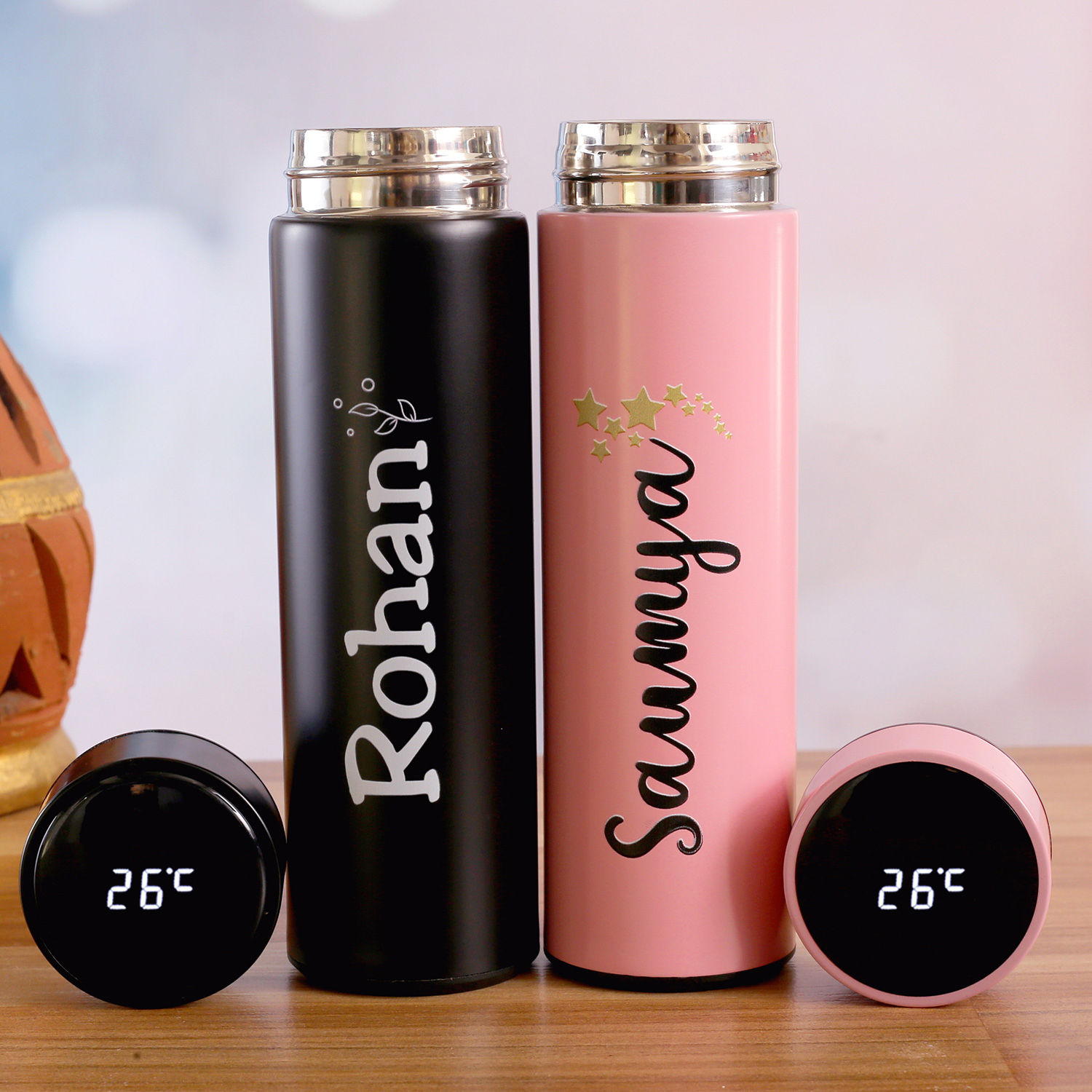 Personalised Pink & Black LED Temperature Bottles