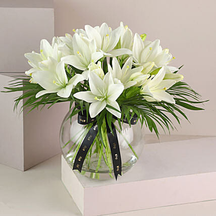 Pure White Asiatic Lilies In Fishbowl Vase