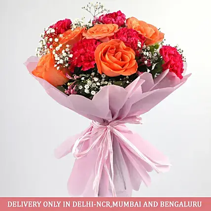 Pink Carnations & Orange Roses Bouquet