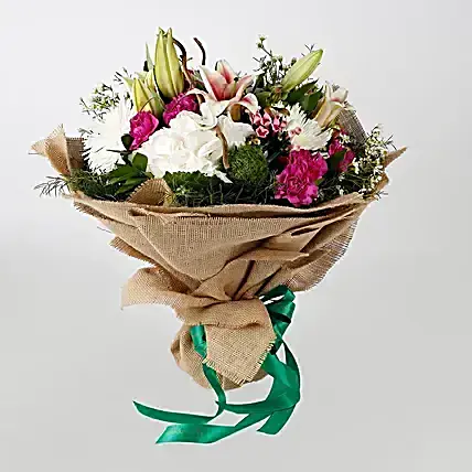 Mixed Flowers Jute Wrapped Bouquet