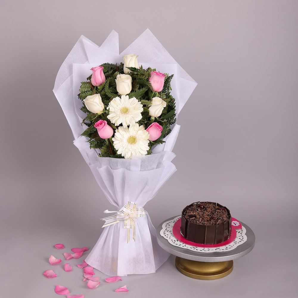 Elegant Floral Bouquet And Blackforest Cake Combo