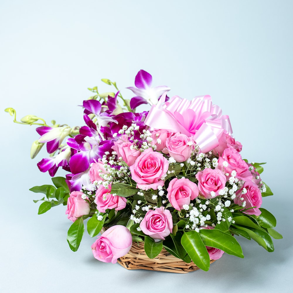 Elegant Pink Mixed Flowers Basket