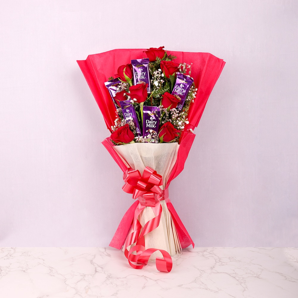 Graceful Roses And Chocolate Arrangement
