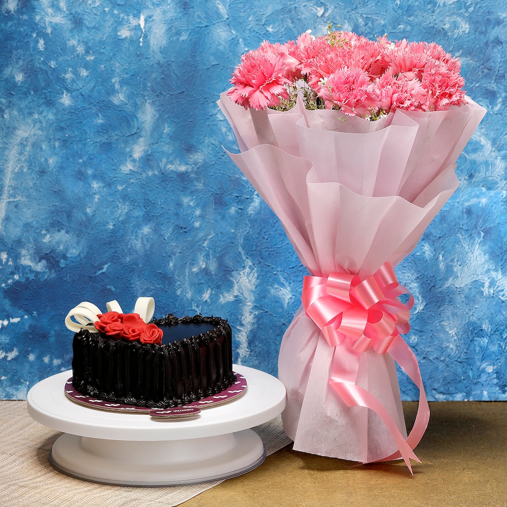 12 Pink Carnations And Chocolate Cake