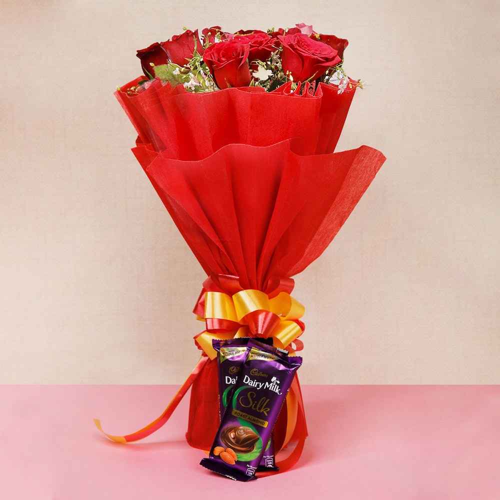 10 Red Roses And 2 Silk Chocolates