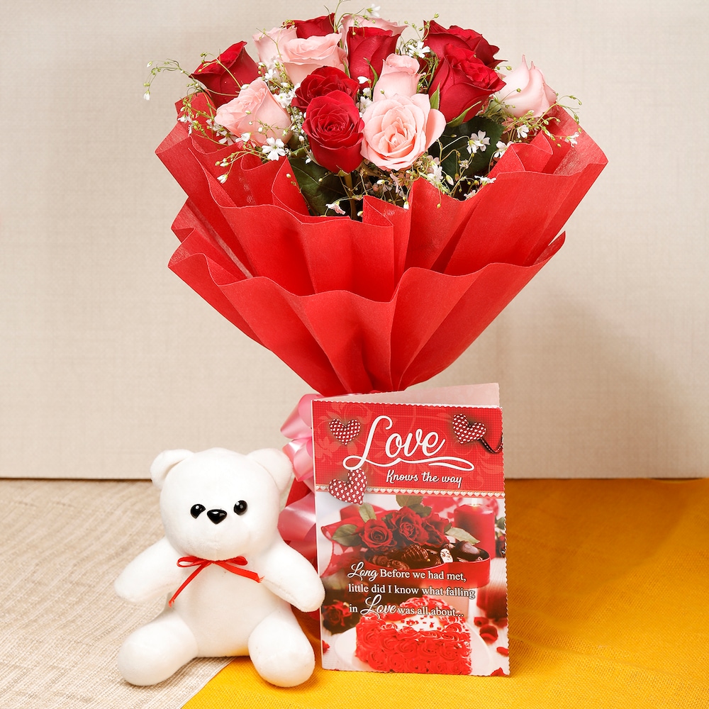 15 Roses And White Teddy With Card