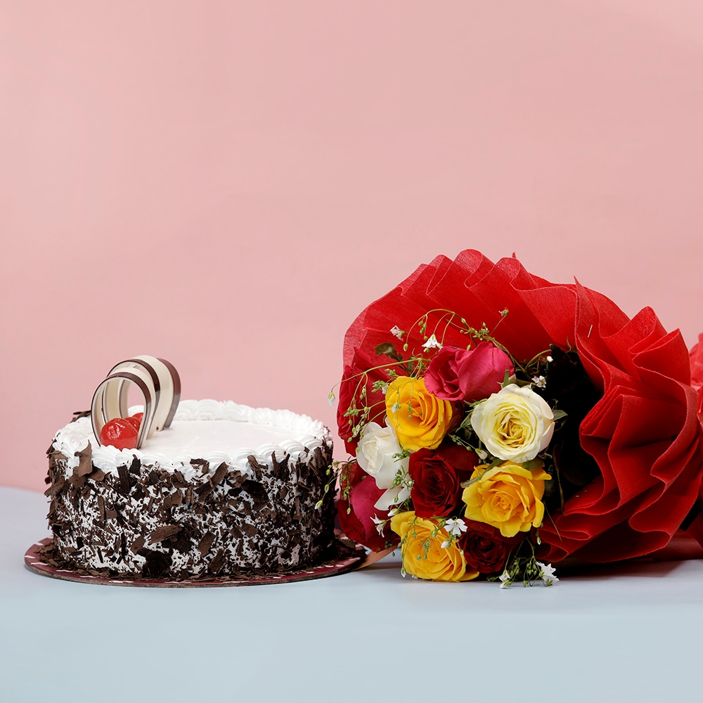 Black Forest Cake With Mixed Roses