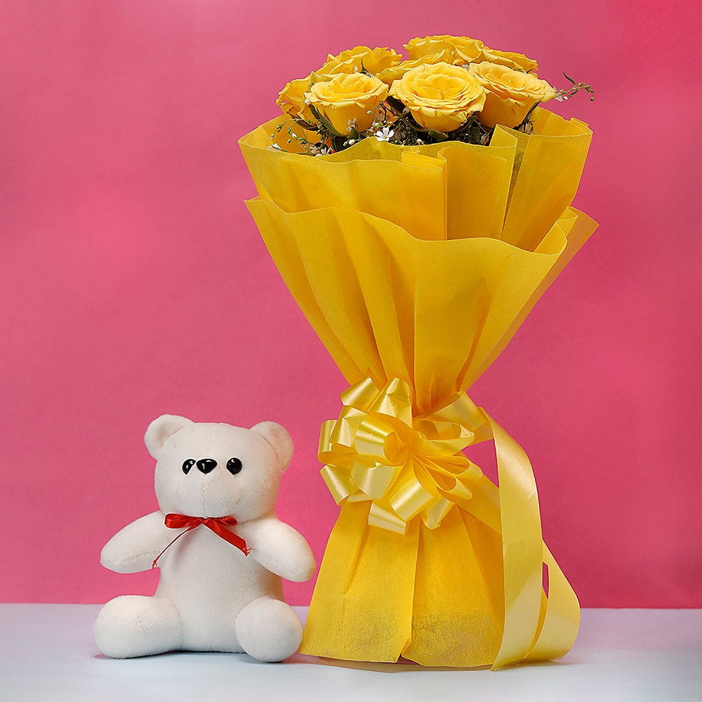Yellow Roses With Teddy