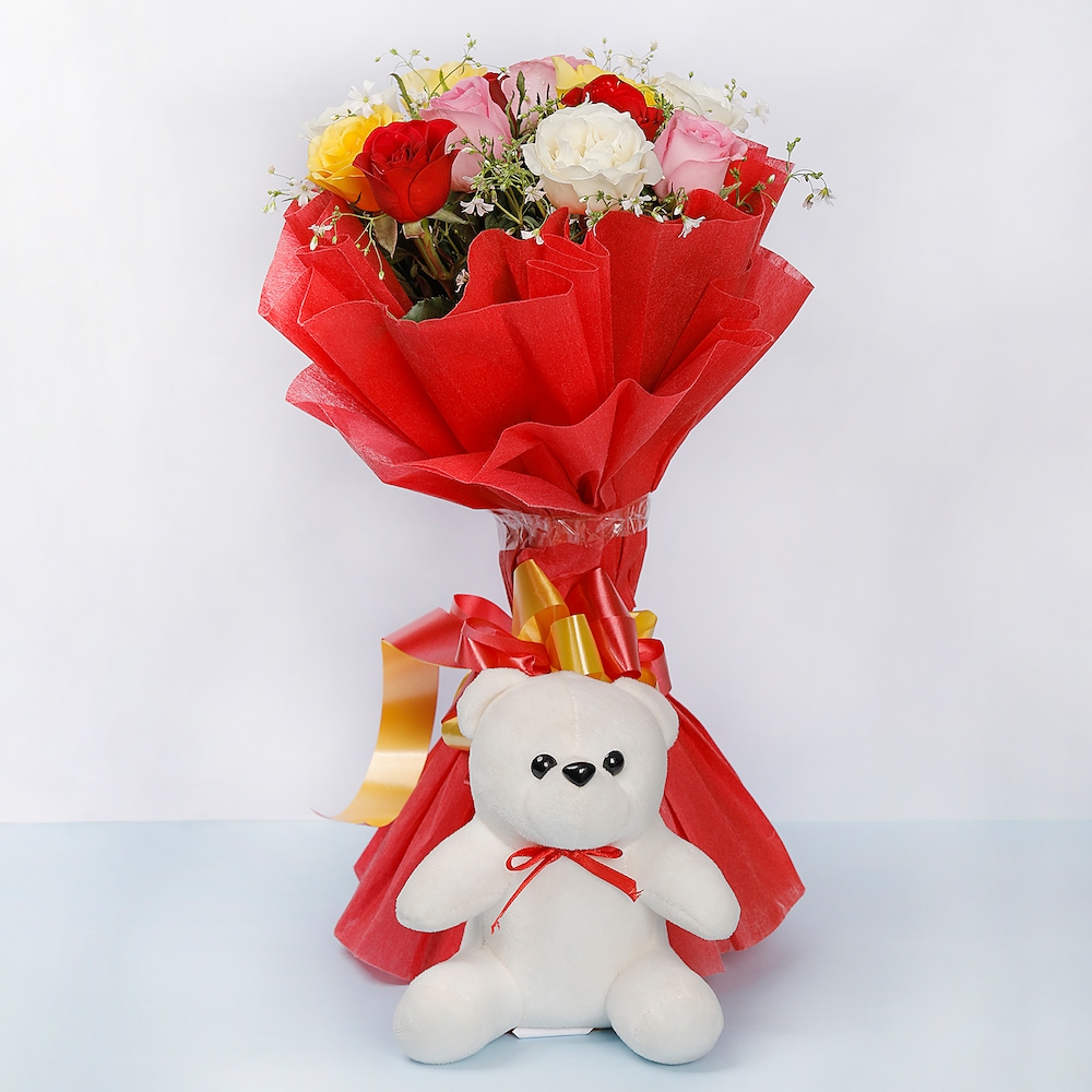 Mixed Roses With Teddy Bear Mixed Roses With Teddy Bear