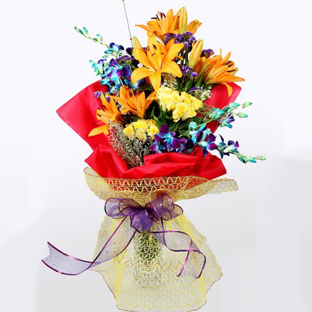 Lilies And Orchids In Red Packing Lilies And Orchids In Red Packing